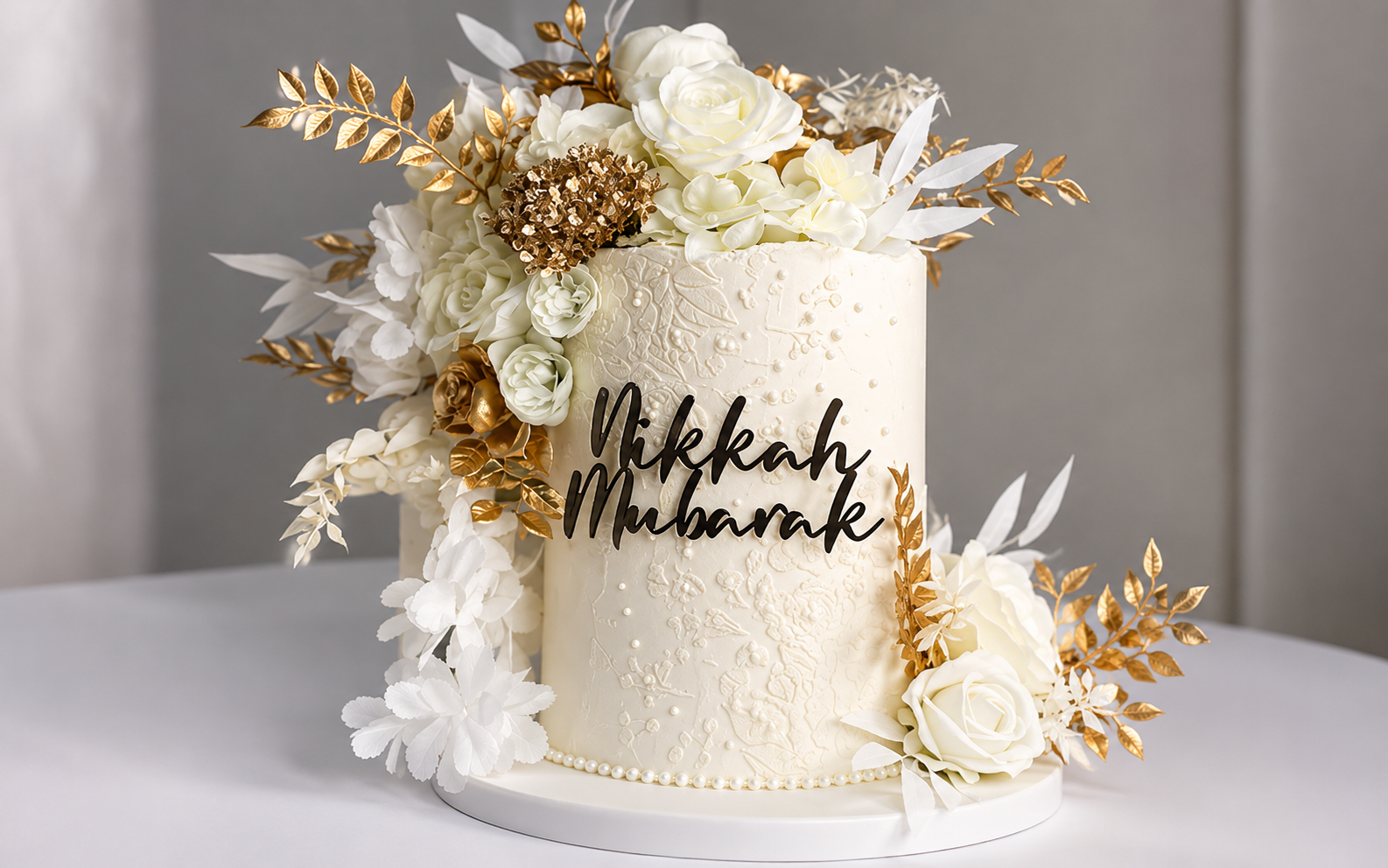 Elegant Nikkah Mubarak floral wedding cake in Ayodhya