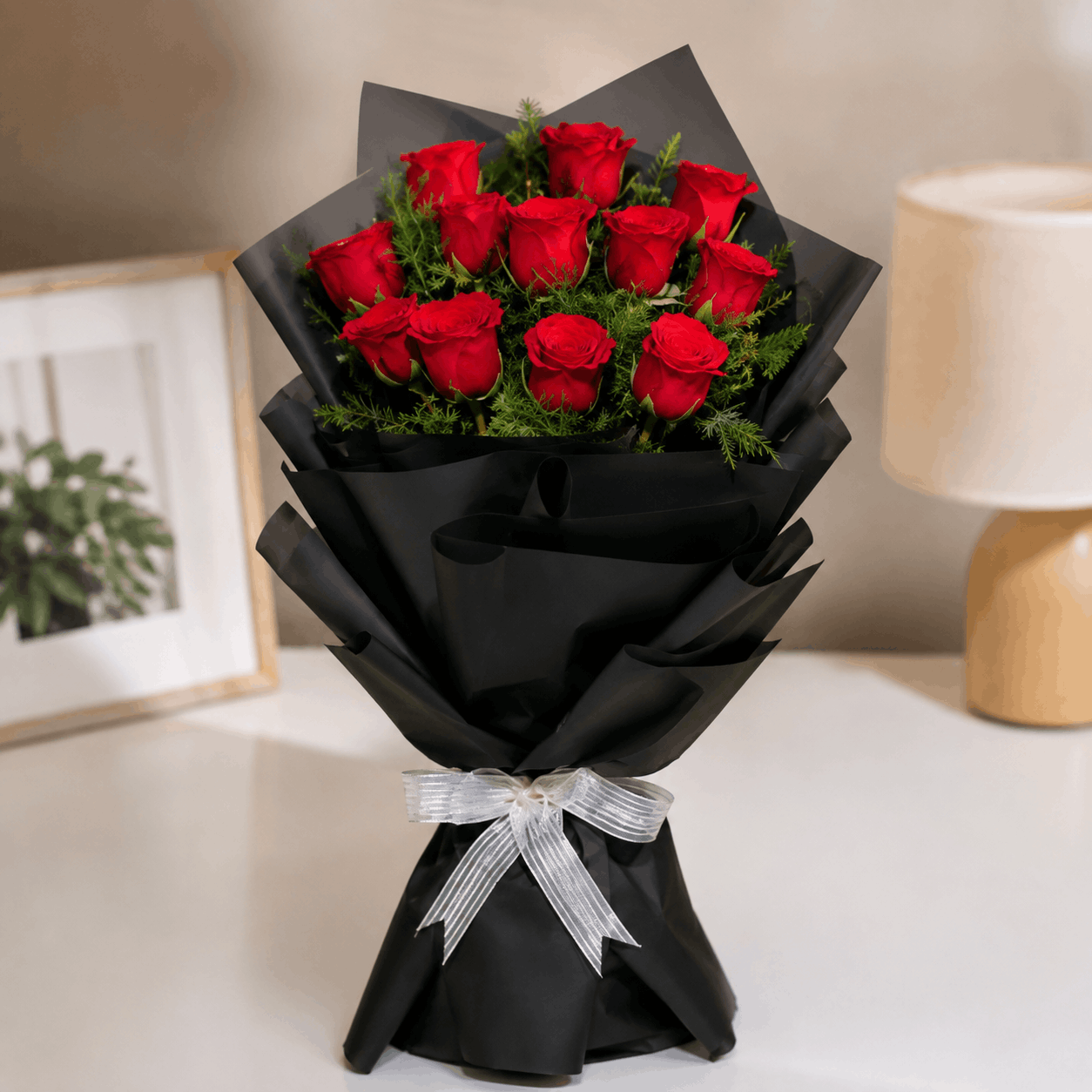 Crimson Rose Bouquet in Black Wrap